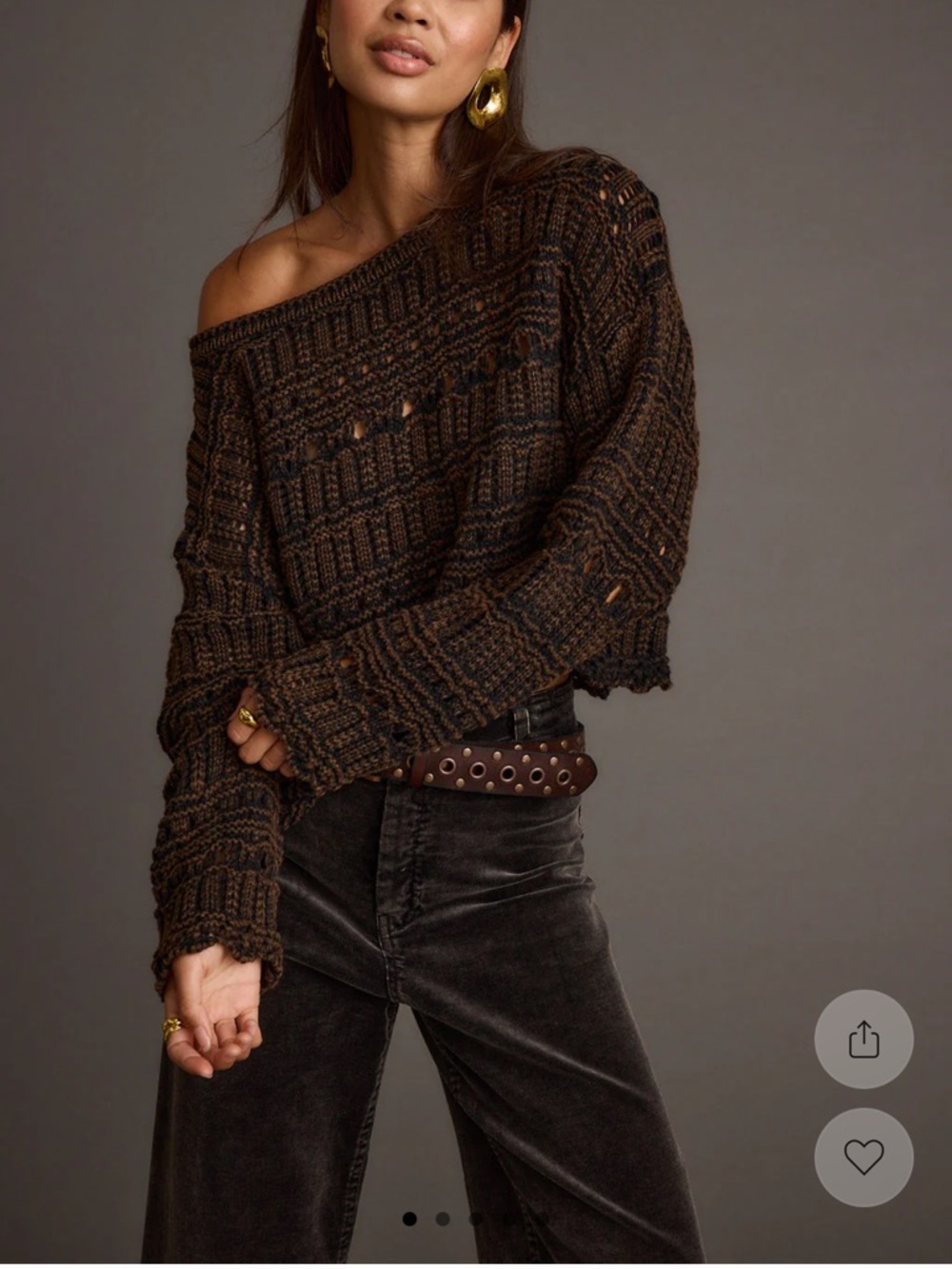 12th Tribe Open-Knit Off-Shoulder Sweater in Brown